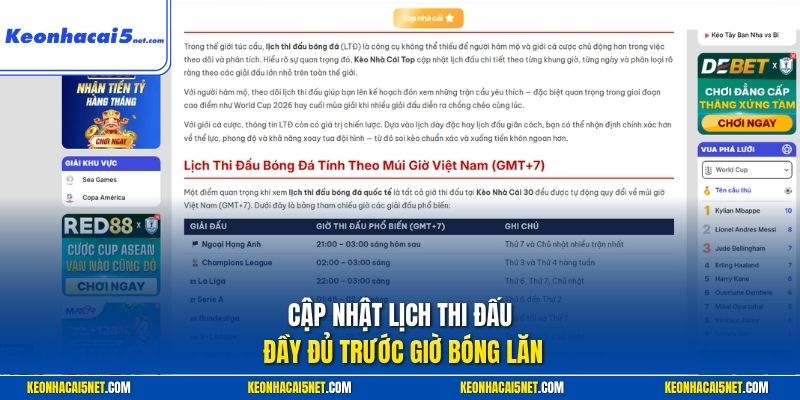 Cập nhật lịch thi đấu đầy đủ trước giờ bóng lăn