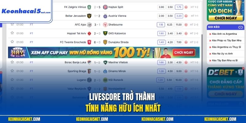 Livescore trở thành tính năng hữu ích nhất